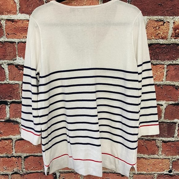 Jeanne Pierre Women's Light Sweater Size Large L V-Neck Striped White 3/4 Sleeve - Picture 2 of 7